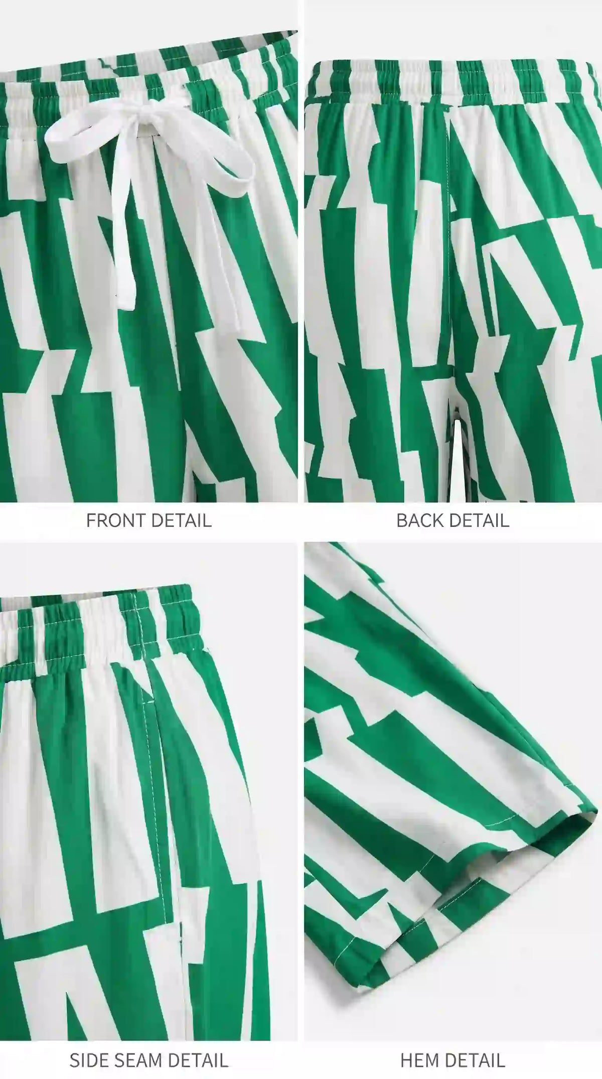 Green and white geometric print palazzo pants – close-up of print, waistband and hem | TIGIQ