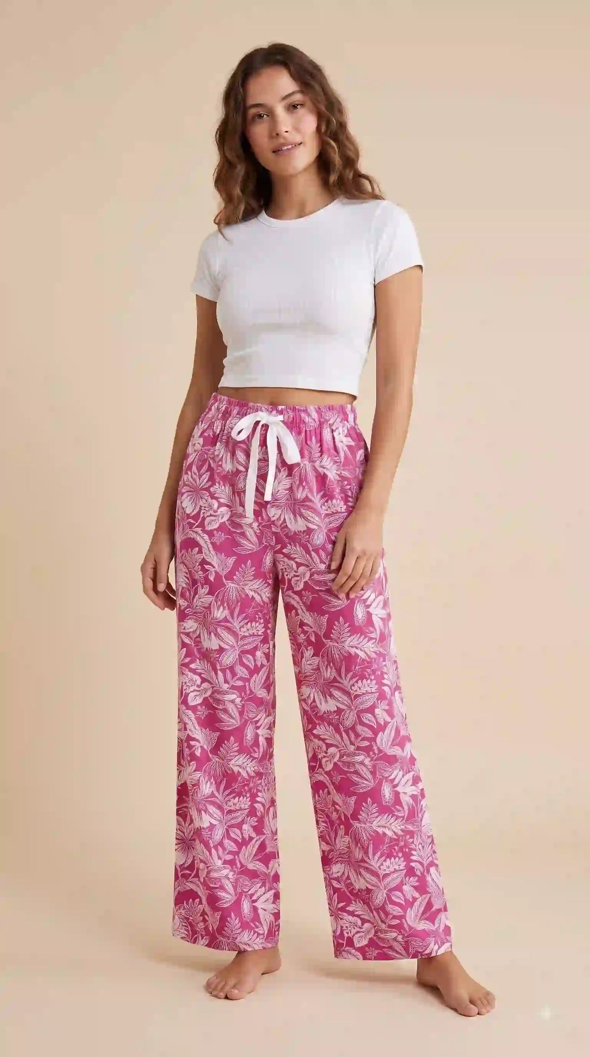 Pink floral Korean palazzo pants – styled with white crop top | TIGIQ