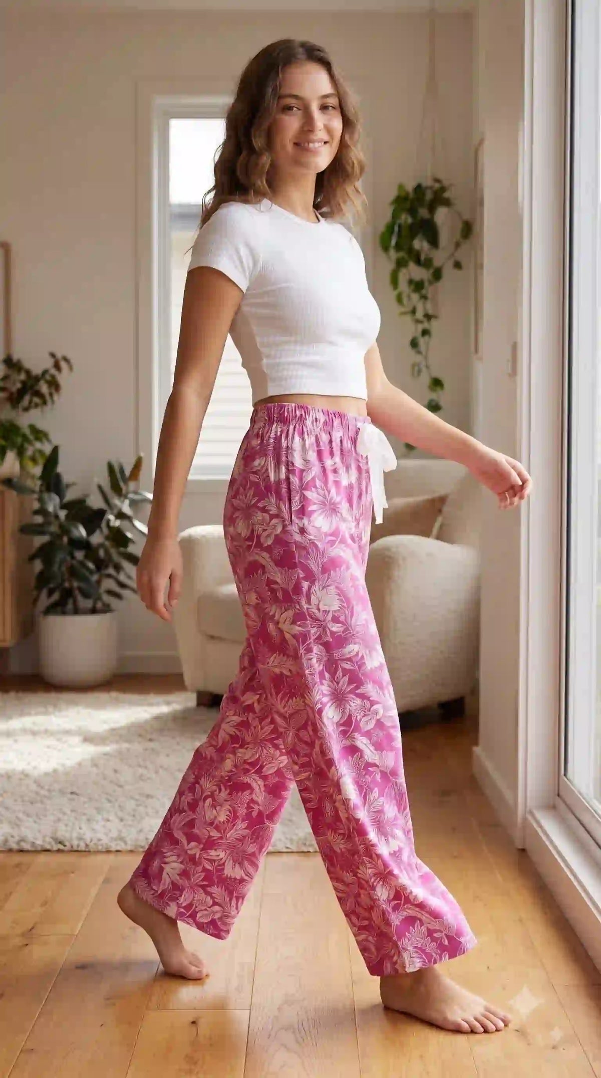 Pink floral Korean palazzo pants – walking view | TIGIQ