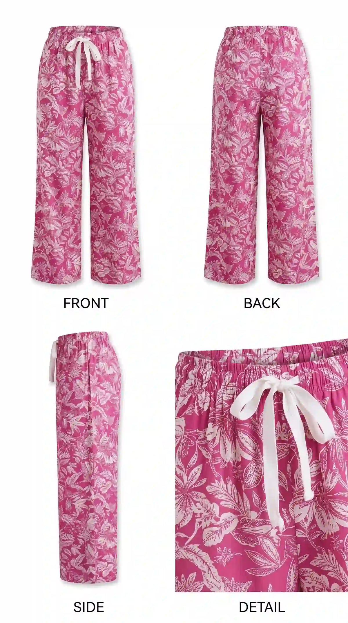 Pink floral Korean palazzo pants – front, back and side views | TIGIQ