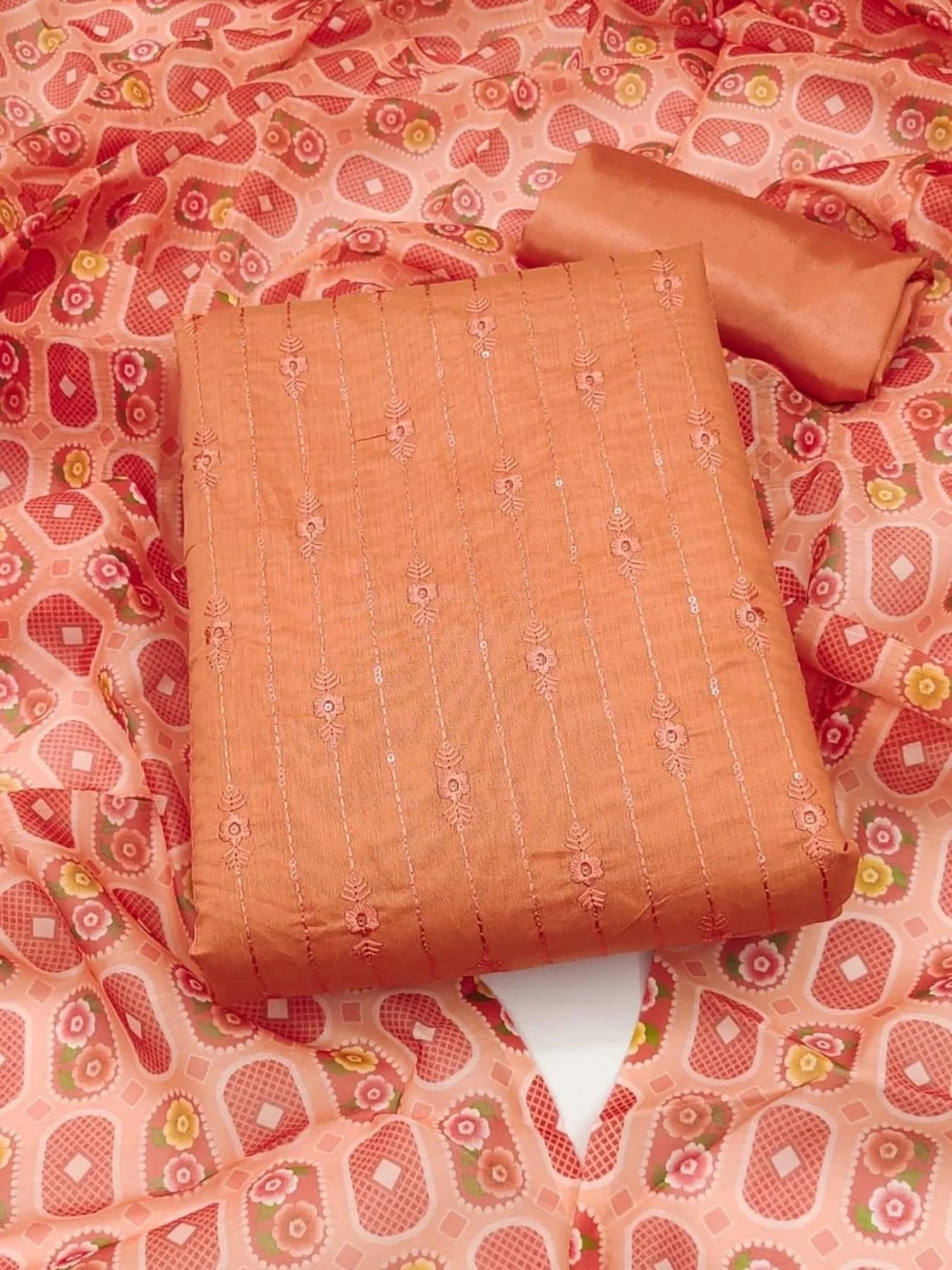Luxurious Orange Color Chanderi Dress Material Collection At Wholesale Rate