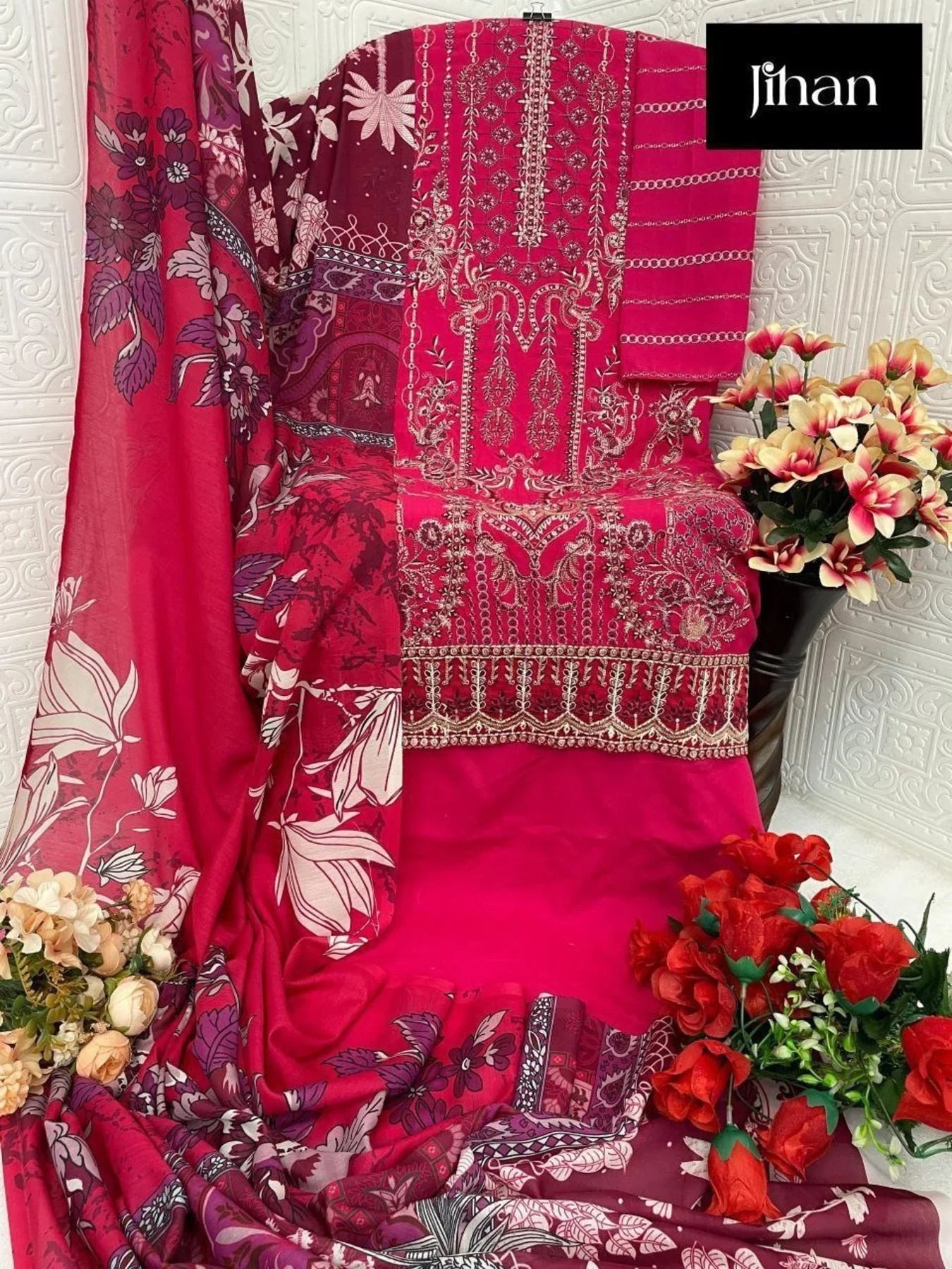 Luxurious Rayon Embroidery Suit Set With Cotton Dupatta