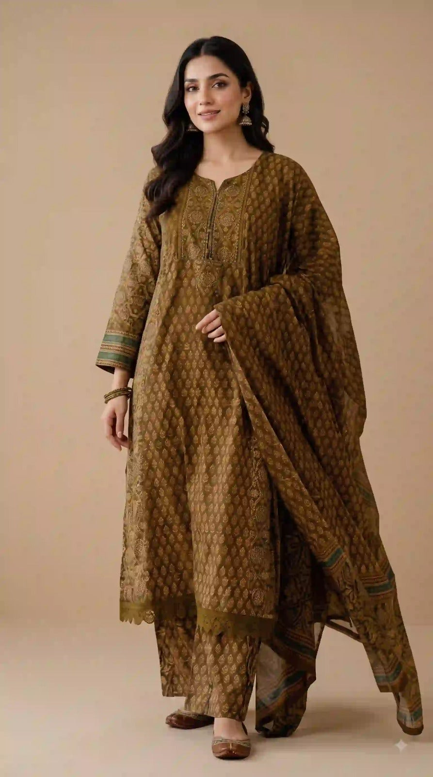 Meher Floral cotton suit set in olive green – kurta, pant and dupatta, front view