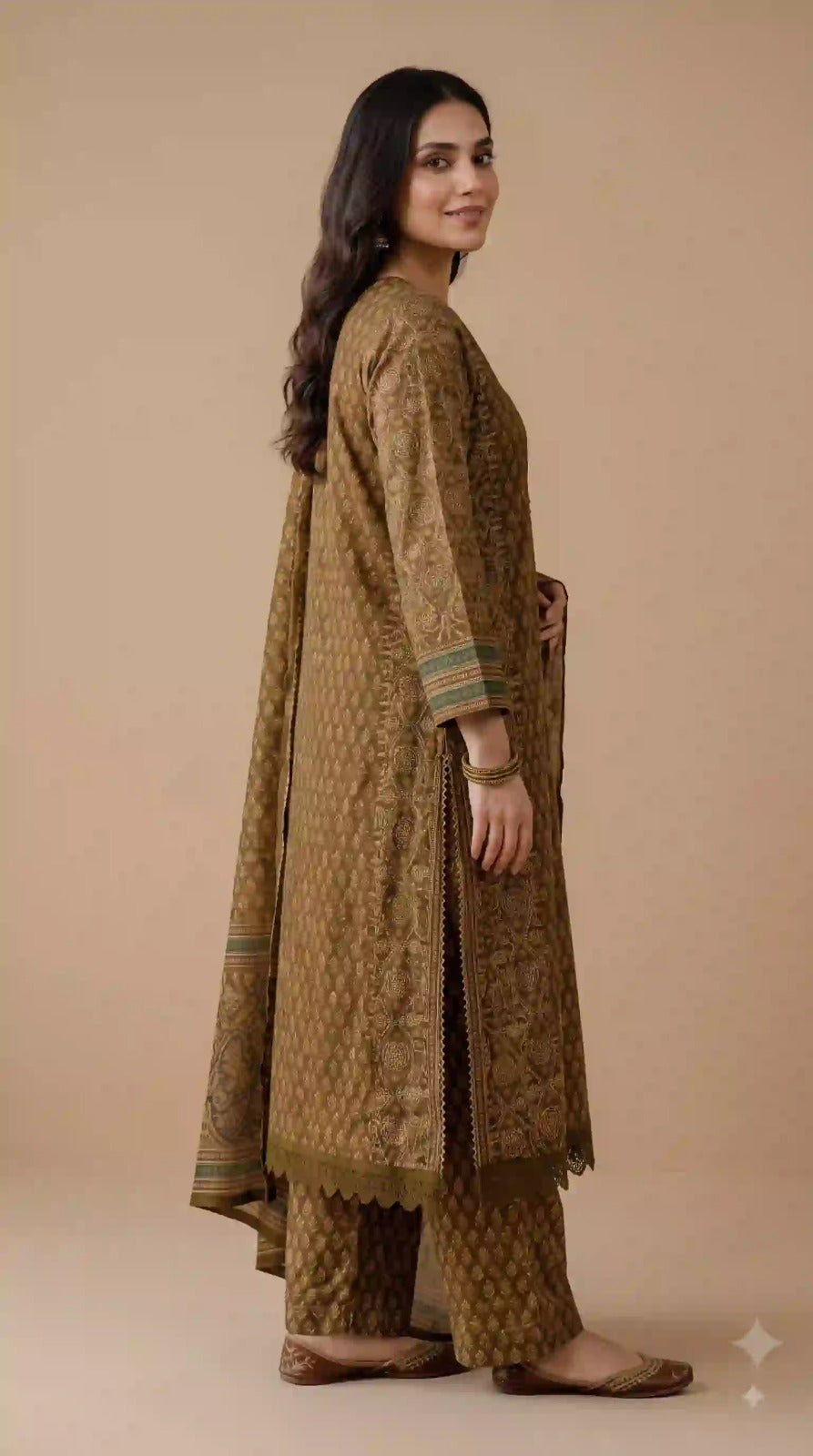 Olive green Meher Floral cotton suit – side view