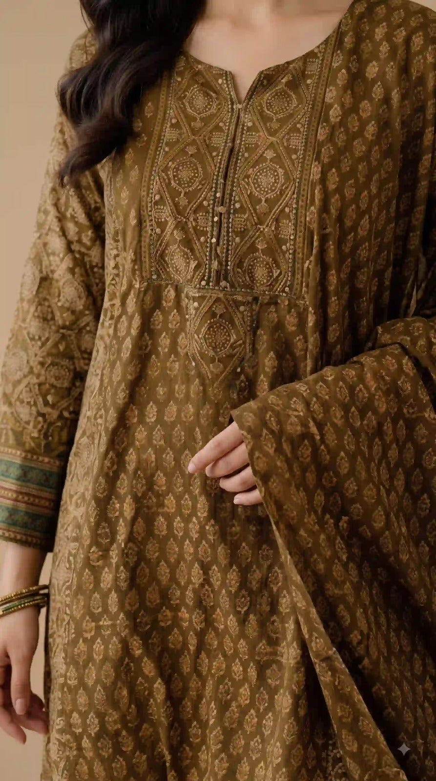 Olive green cotton kurta – neckline handwork close-up