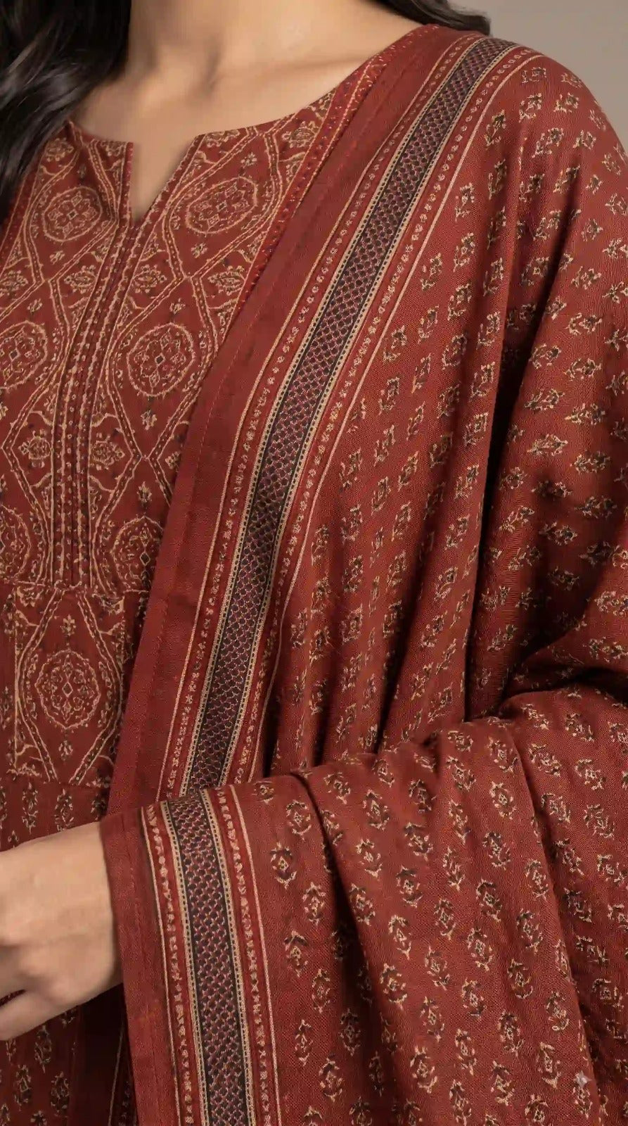 Rust red floral print kurta with printed dupatta – close-up