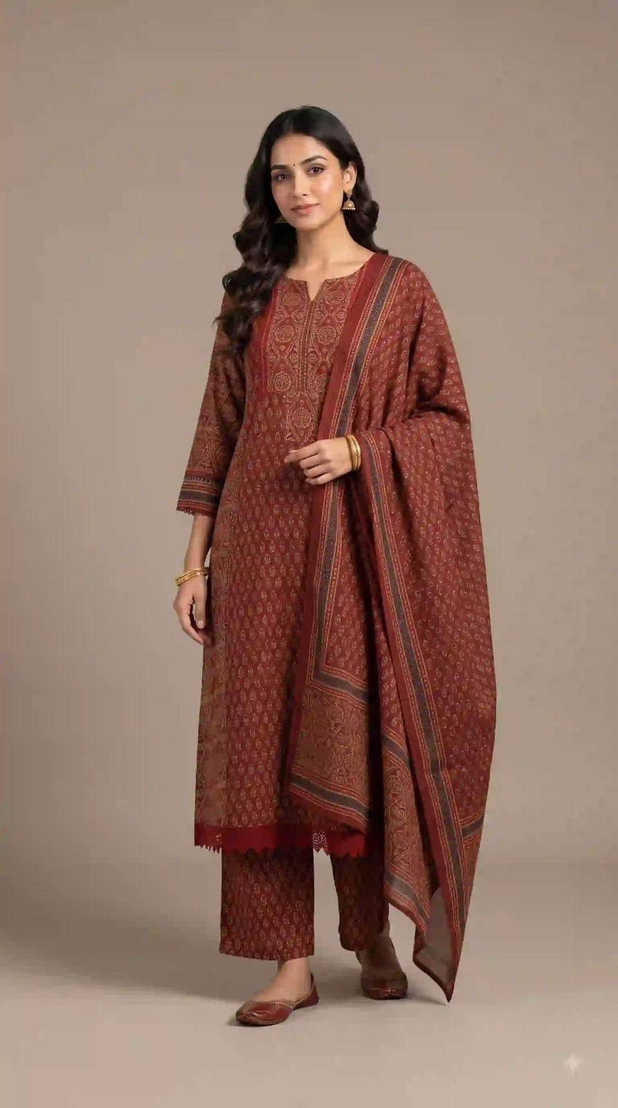 Meher Floral cotton suit set in rust red – kurta, pant and dupatta, front view