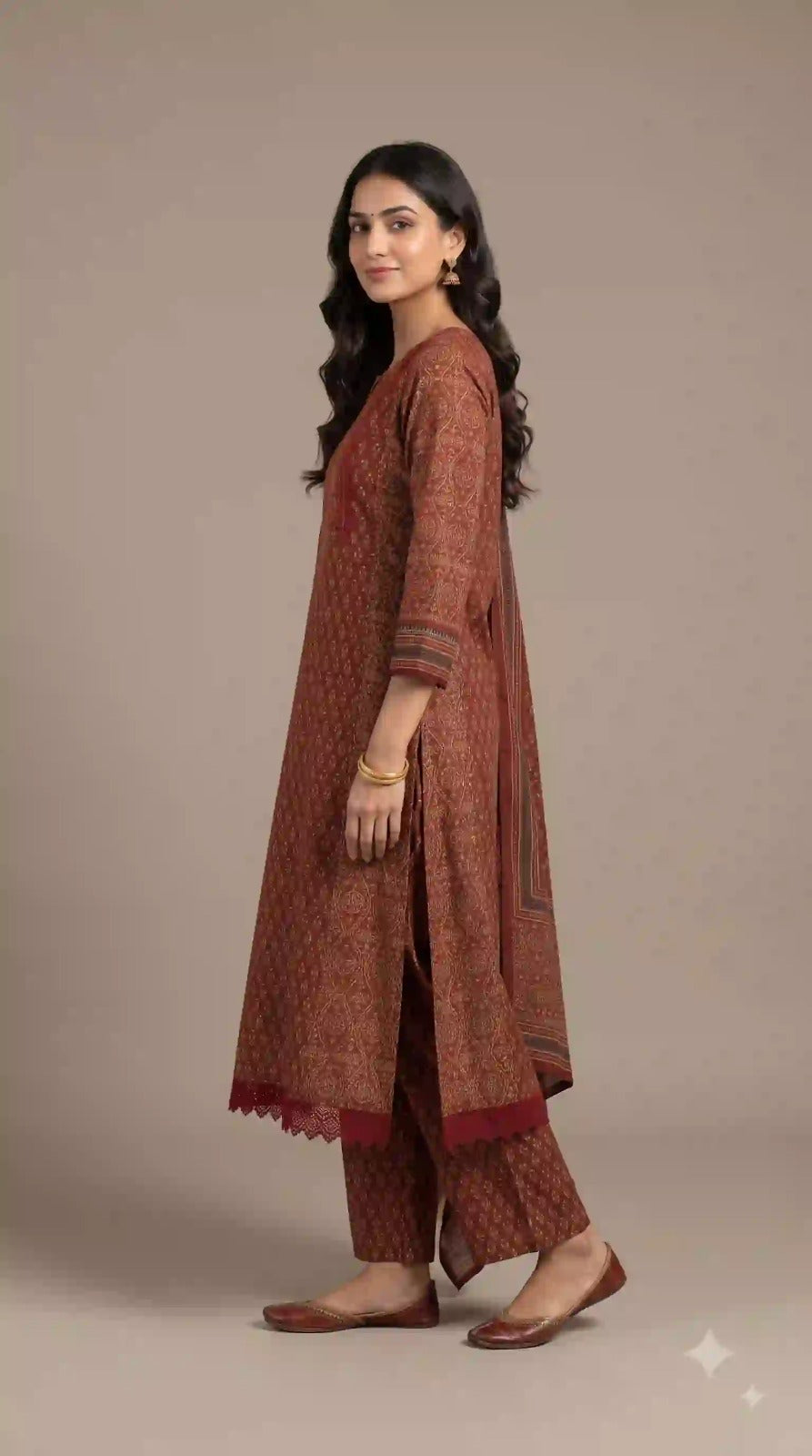 Rust red Meher Floral cotton suit – side view