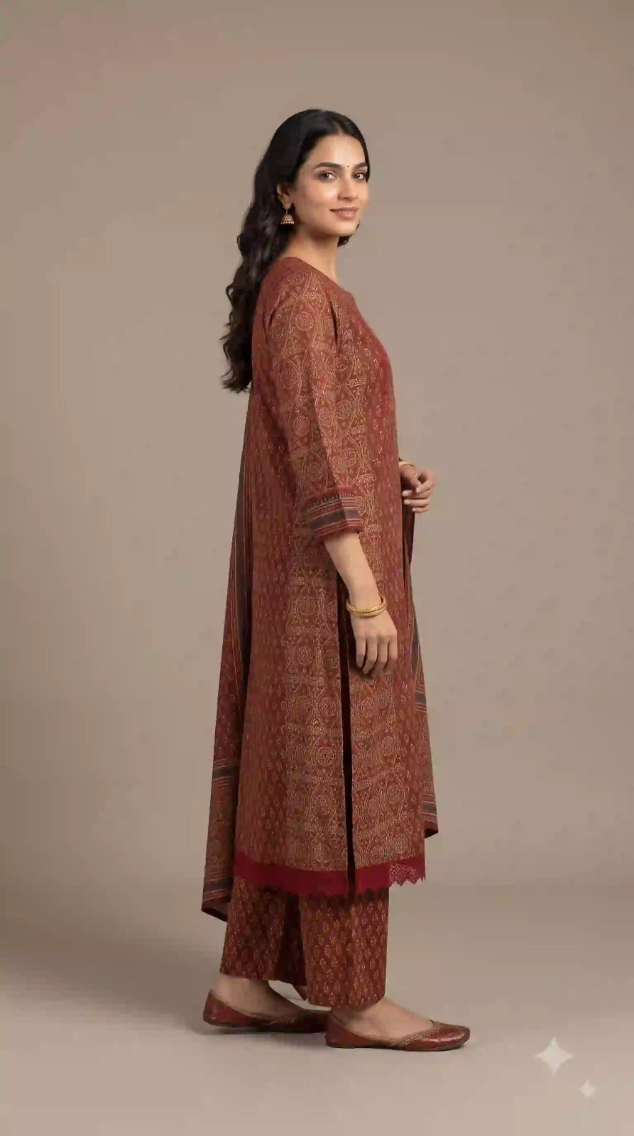 Rust red cotton kurta and pant – side view