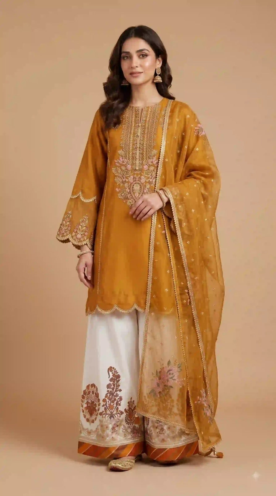 Mustard organza silk kurti, palazzo and dupatta set – front view