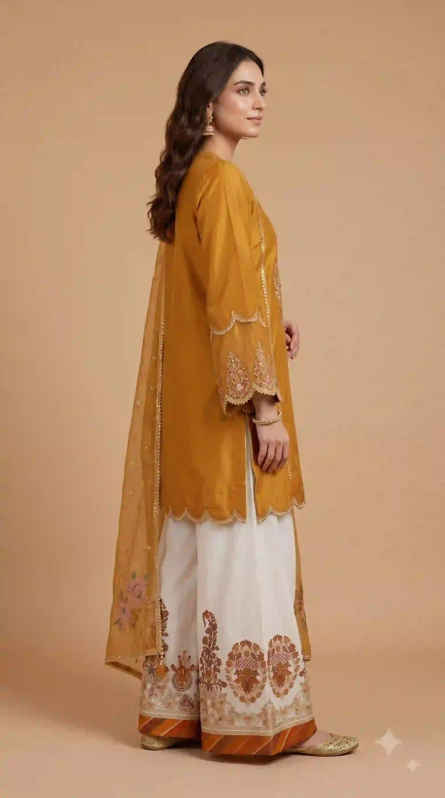 Mustard organza silk kurti palazzo set – side view