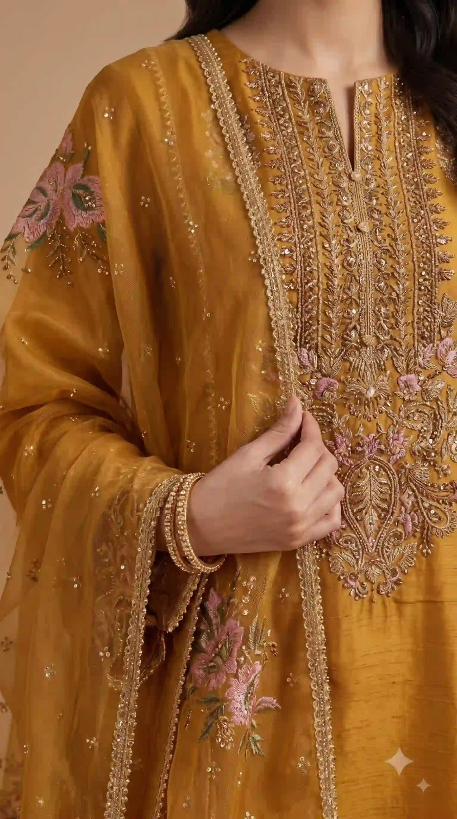 Sequin and zari embroidery on mustard organza kurti – close-up