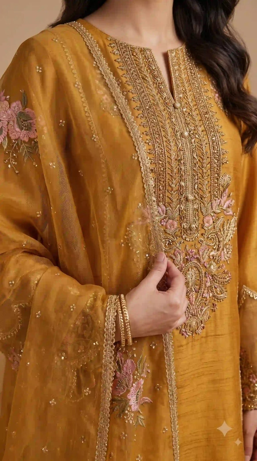 Embroidered neckline of mustard organza silk kurti – close-up