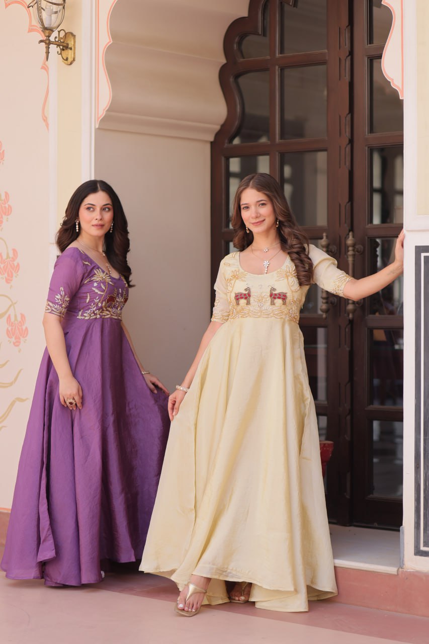 Premium Gold Crush Embroidered Gown with Umbrella Flair – Elegant & Flowy
