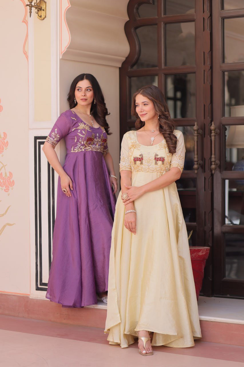 Premium Gold Crush Embroidered Gown with Umbrella Flair – Elegant & Flowy