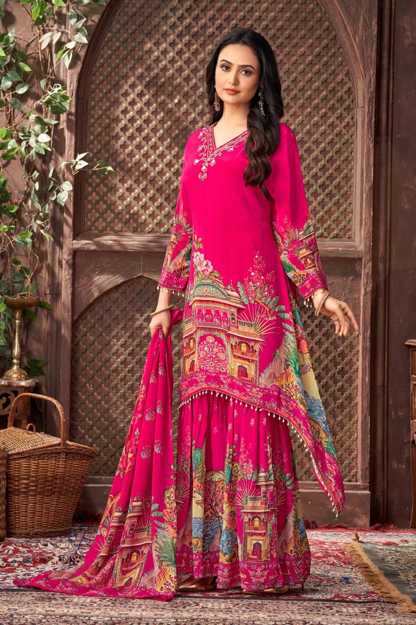 Stunning Faux Georgette Suit Set with Real Mirror Work & Digital Print | Top, Plazzo & Dupatta