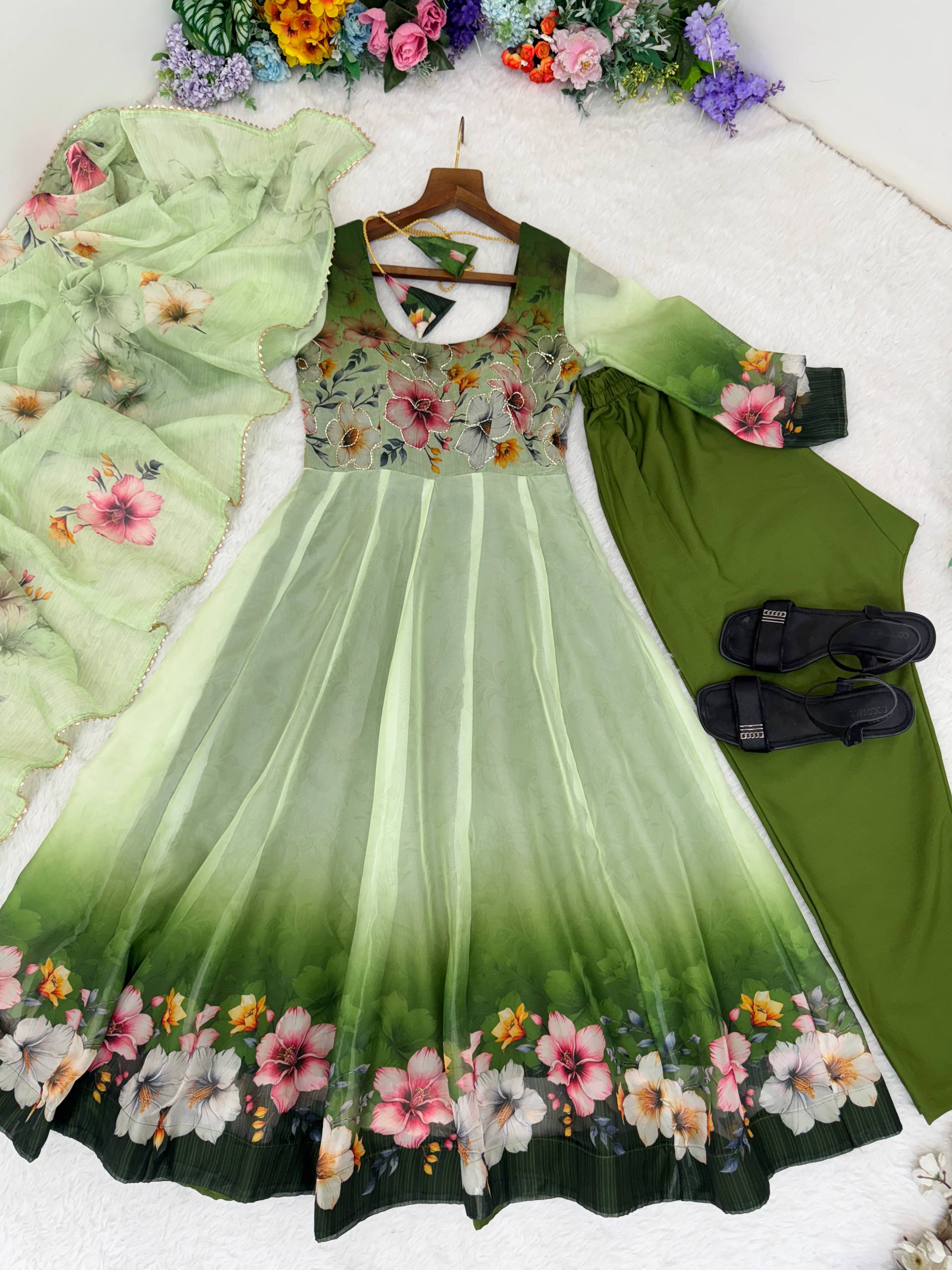 Elegant Organza Taby Silk Party Wear Gown Set with Dupatta & Bottom | Premium Designer Collection