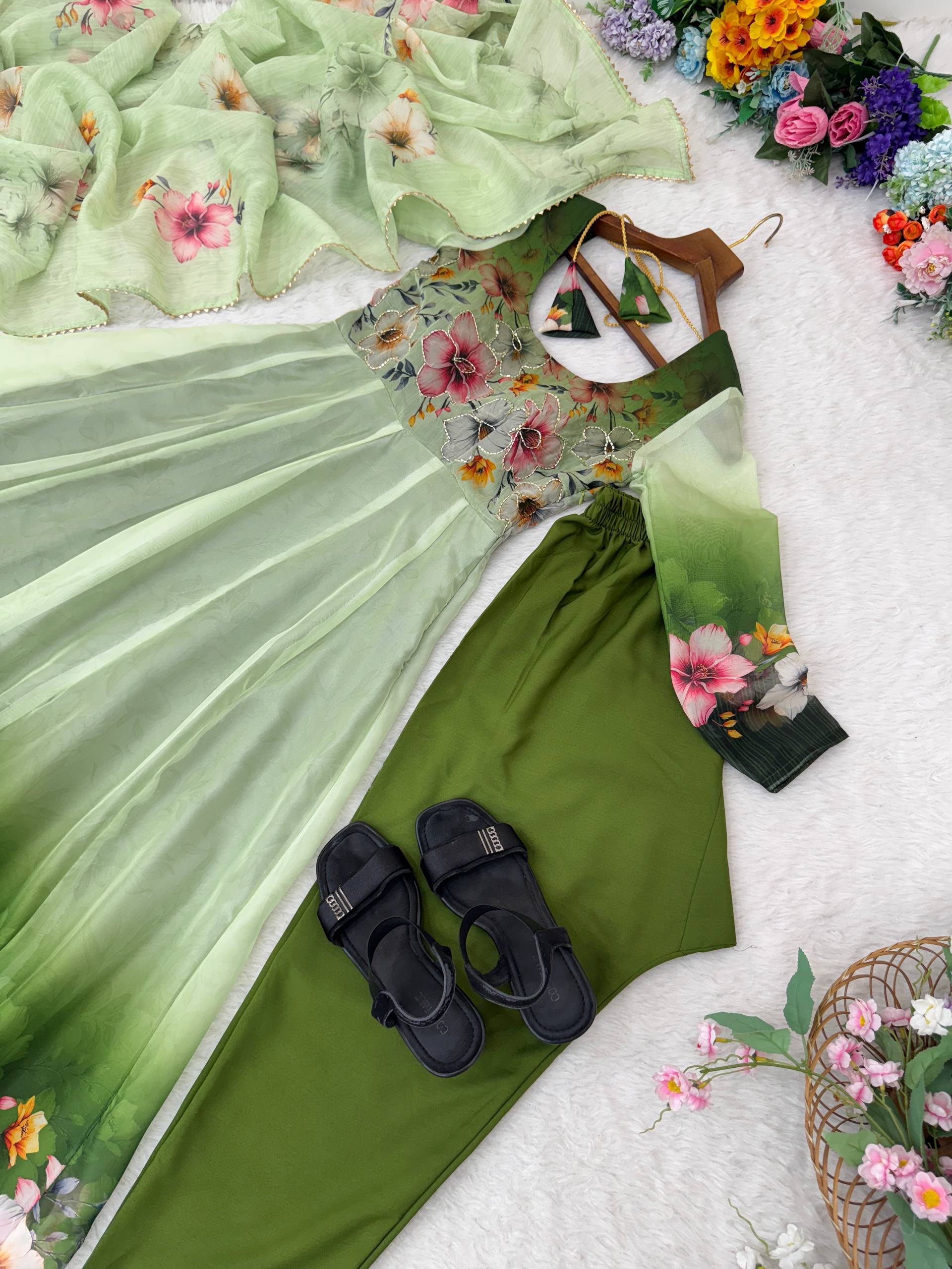 Elegant Organza Taby Silk Party Wear Gown Set with Dupatta & Bottom | Premium Designer Collection