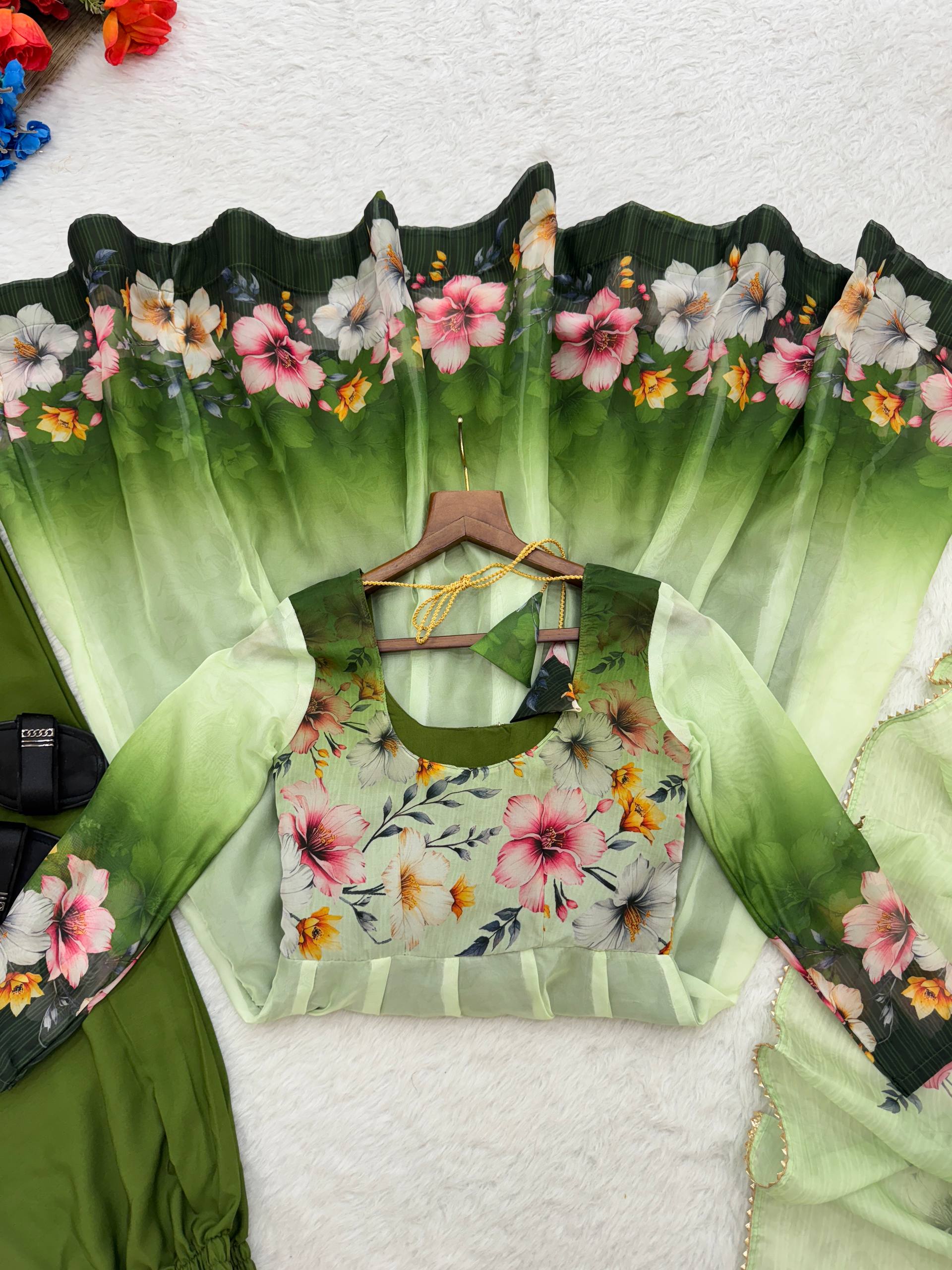 Elegant Organza Taby Silk Party Wear Gown Set with Dupatta & Bottom | Premium Designer Collection
