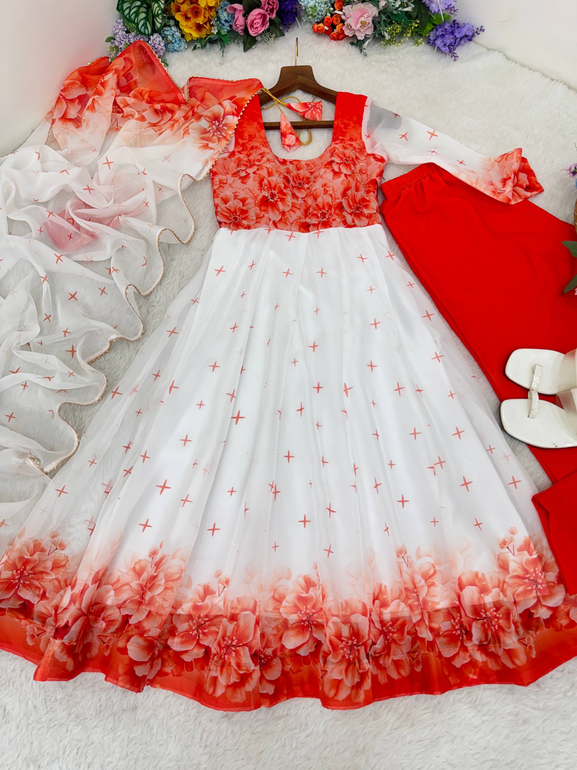 Elegant Organza Taby Silk Party Wear Gown Set with Dupatta & Bottom | Premium Designer Collection