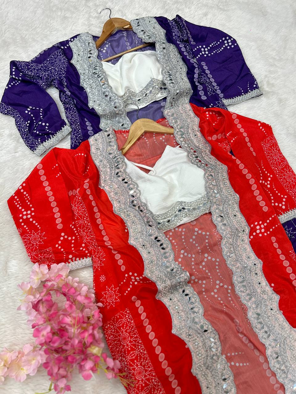 Elegant Chinon Crop Top with Fusion Drape Skirt & Long Handworked Jacket