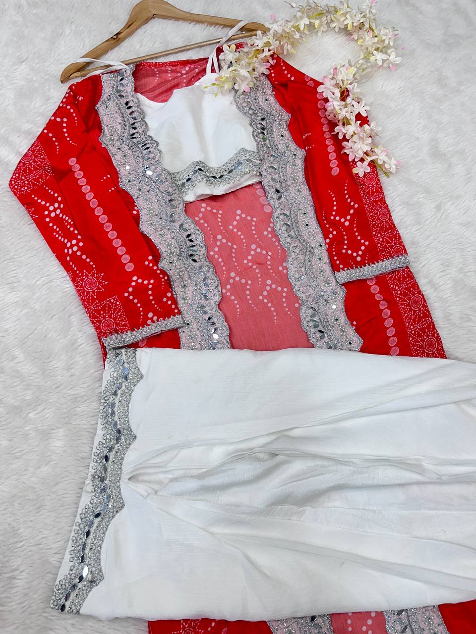 Elegant Chinon Crop Top with Fusion Drape Skirt & Long Handworked Jacket