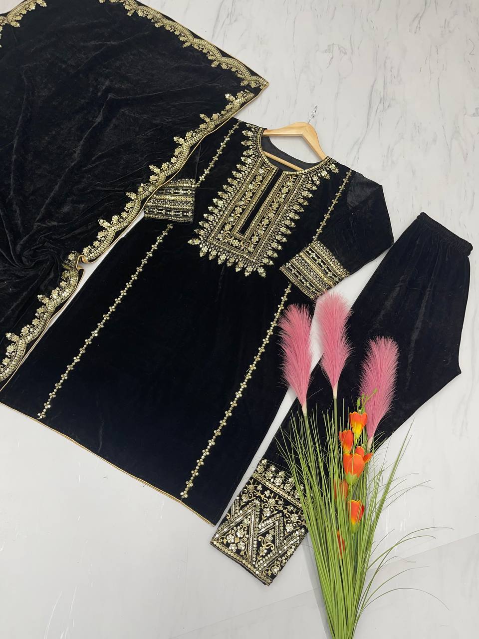 Premium Designer Party Wear Viscose Velvet Top, Bottom & Dupatta Set with Heavy Embroidery & Sequin Work I DNo.1154