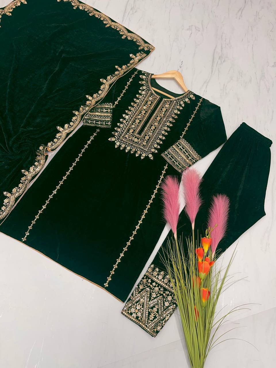 Premium Designer Party Wear Viscose Velvet Top, Bottom & Dupatta Set with Heavy Embroidery & Sequin Work I DNo.1154