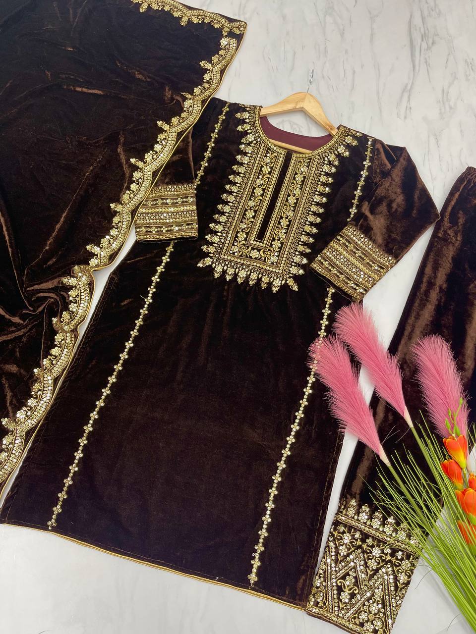 Premium Designer Party Wear Viscose Velvet Top, Bottom & Dupatta Set with Heavy Embroidery & Sequin Work I DNo.1154