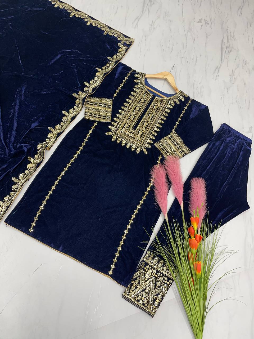 Premium Designer Party Wear Viscose Velvet Top, Bottom & Dupatta Set with Heavy Embroidery & Sequin Work I DNo.1154