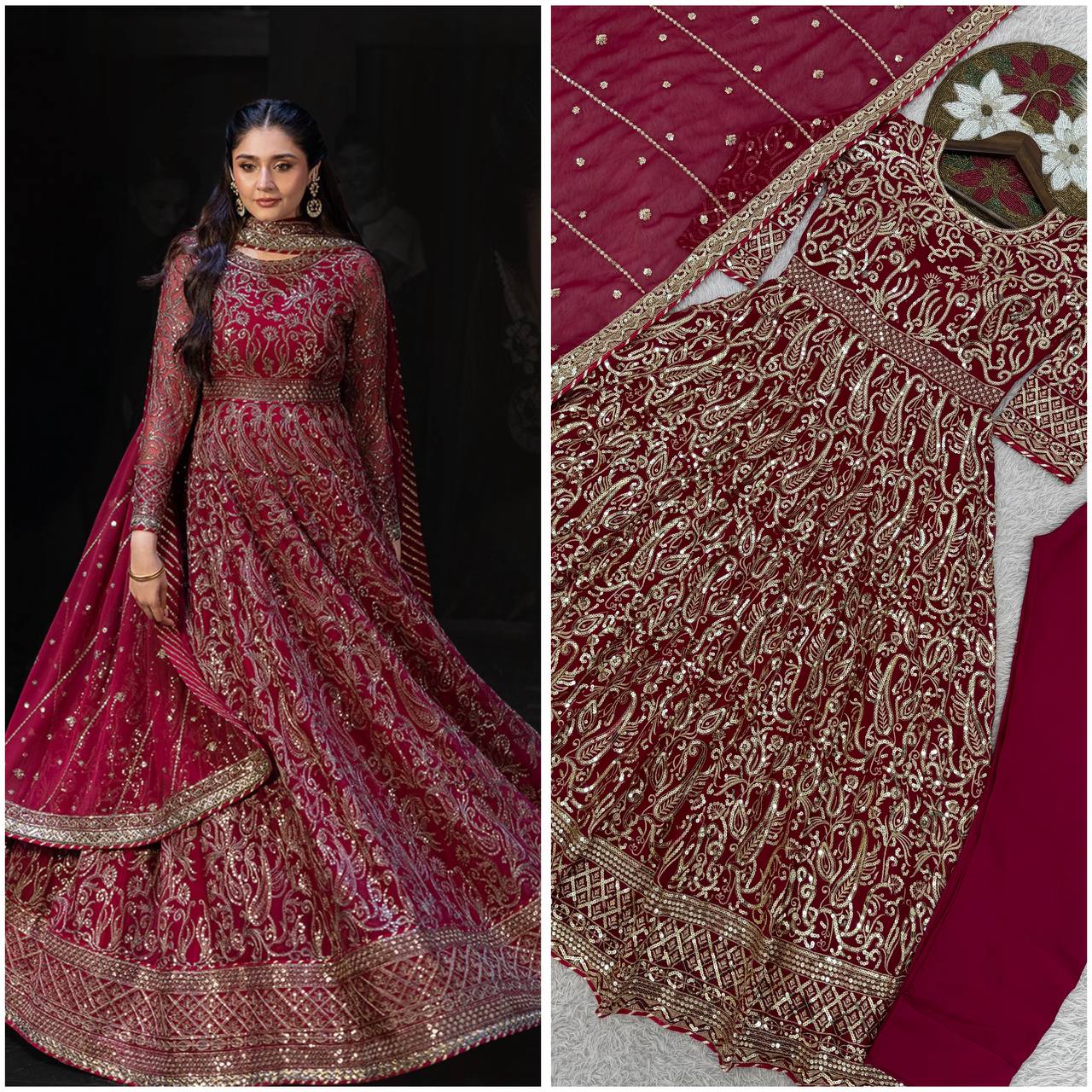 Designer Faux Georgette Embroidered Gown Set with Bottom & Dupatta | Party Wear – D.No- 1474