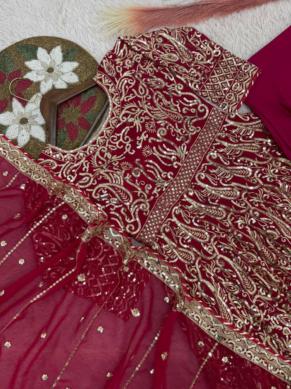 Designer Faux Georgette Embroidered Gown Set with Bottom & Dupatta | Party Wear – D.No- 1474