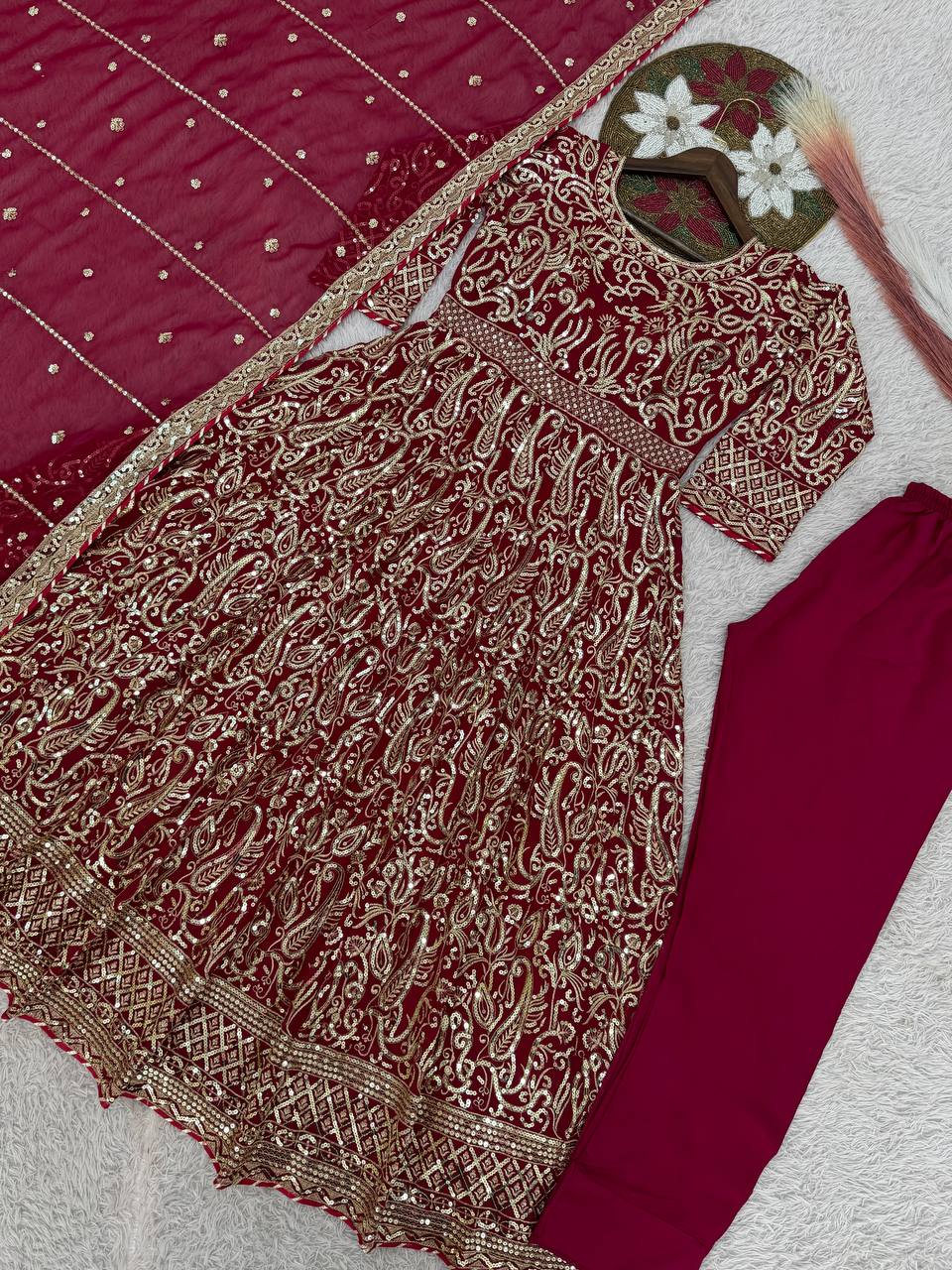 Designer Faux Georgette Embroidered Gown Set with Bottom & Dupatta | Party Wear – D.No- 1474