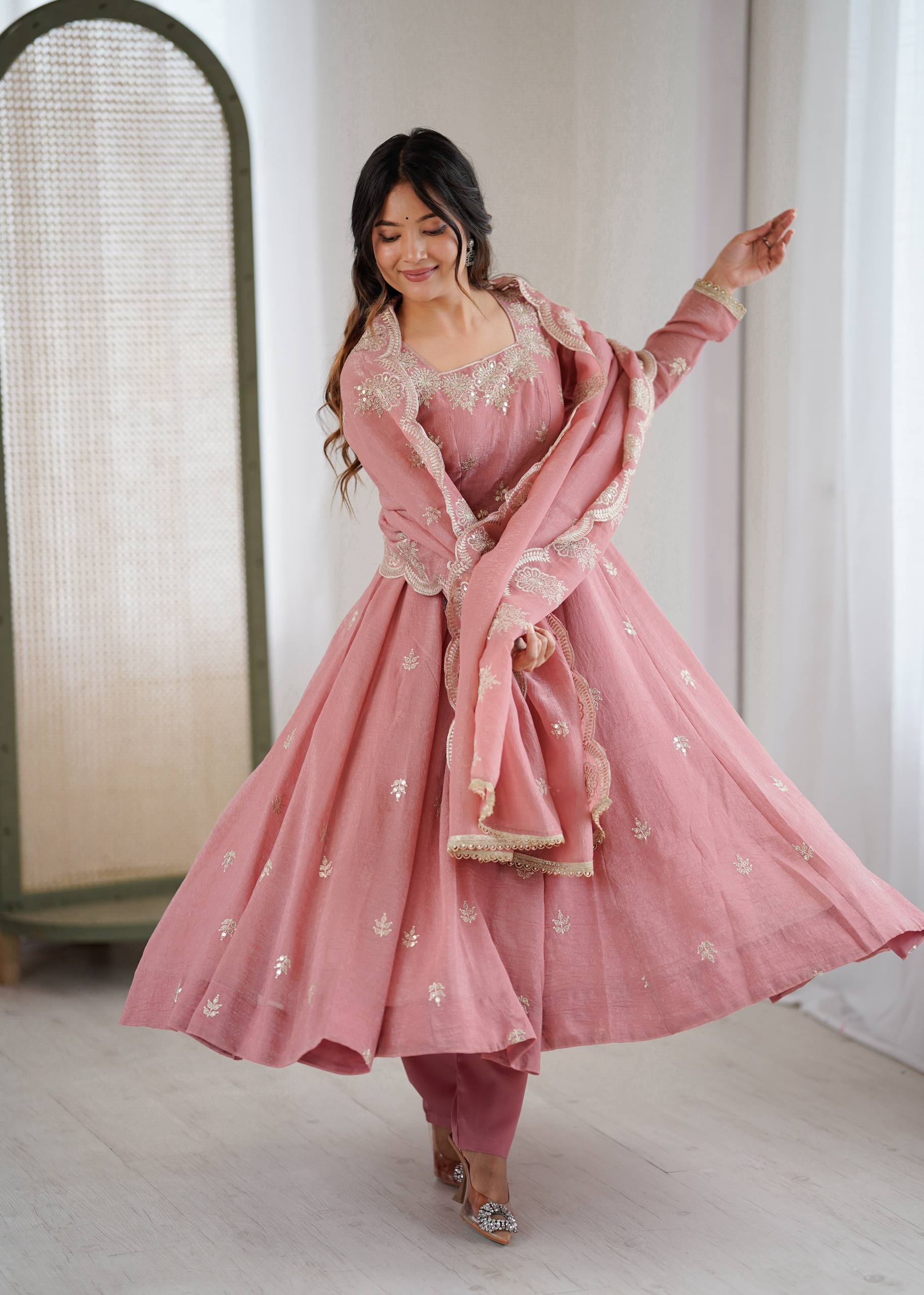 Crunchy Silk Embroidered Sequins Anarkali Set – 3 Piece |D.No- 1315
