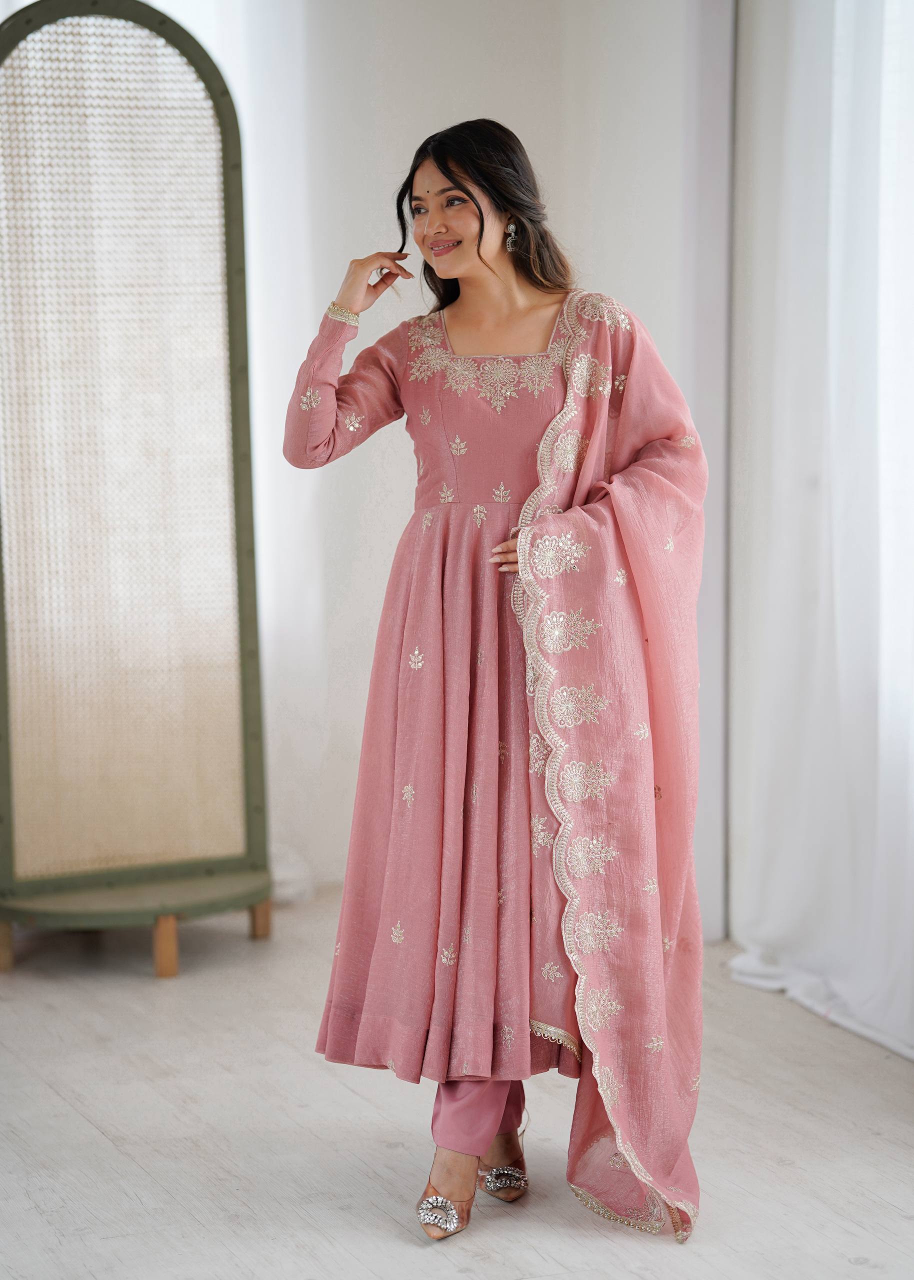 Crunchy Silk Embroidered Sequins Anarkali Set – 3 Piece |D.No- 1315