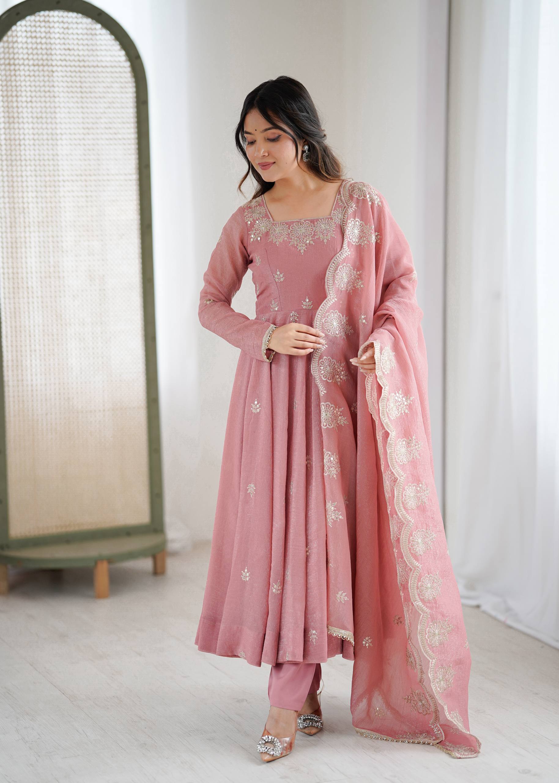 Crunchy Silk Embroidered Sequins Anarkali Set – 3 Piece |D.No- 1315