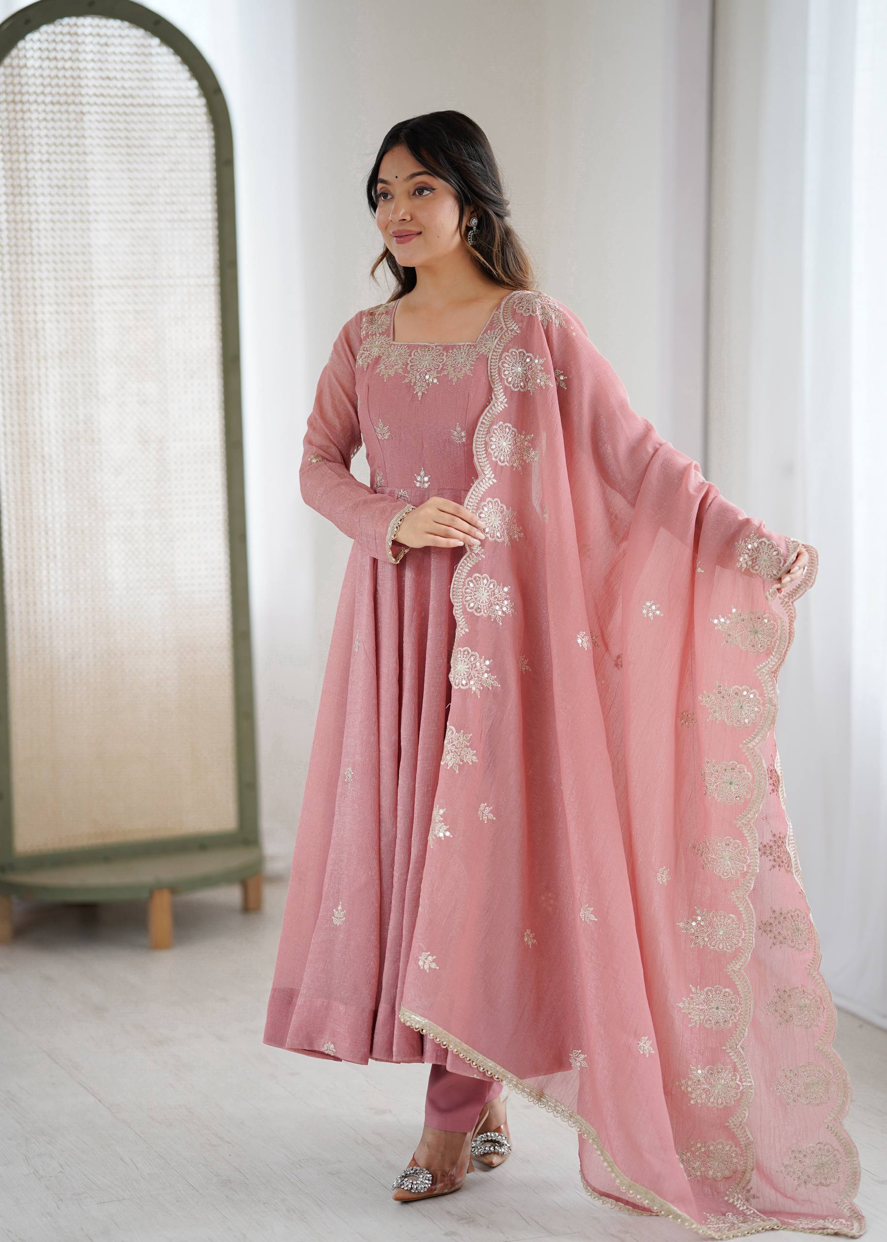 Crunchy Silk Embroidered Sequins Anarkali Set – 3 Piece |D.No- 1315