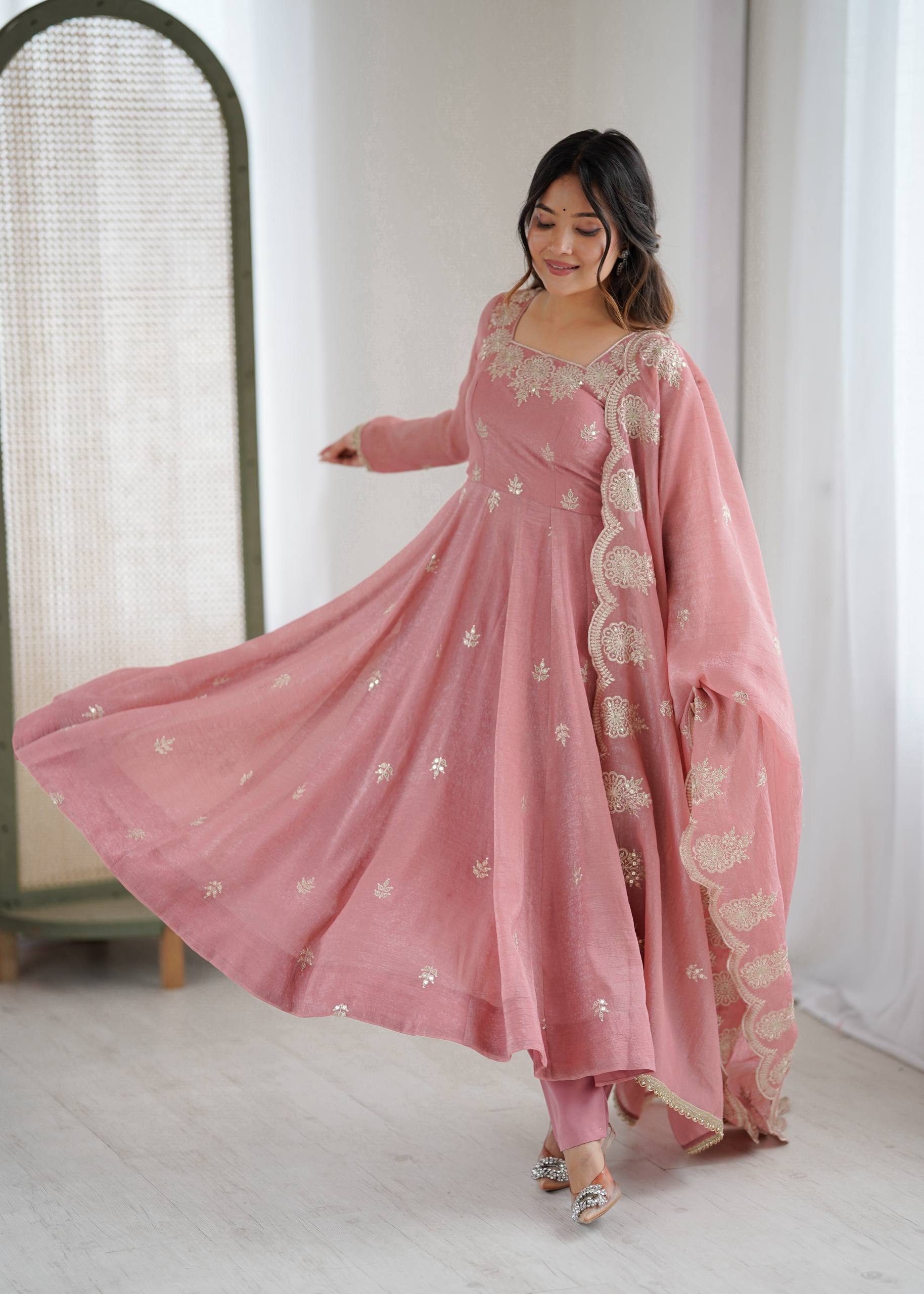 Crunchy Silk Embroidered Sequins Anarkali Set – 3 Piece |D.No- 1315