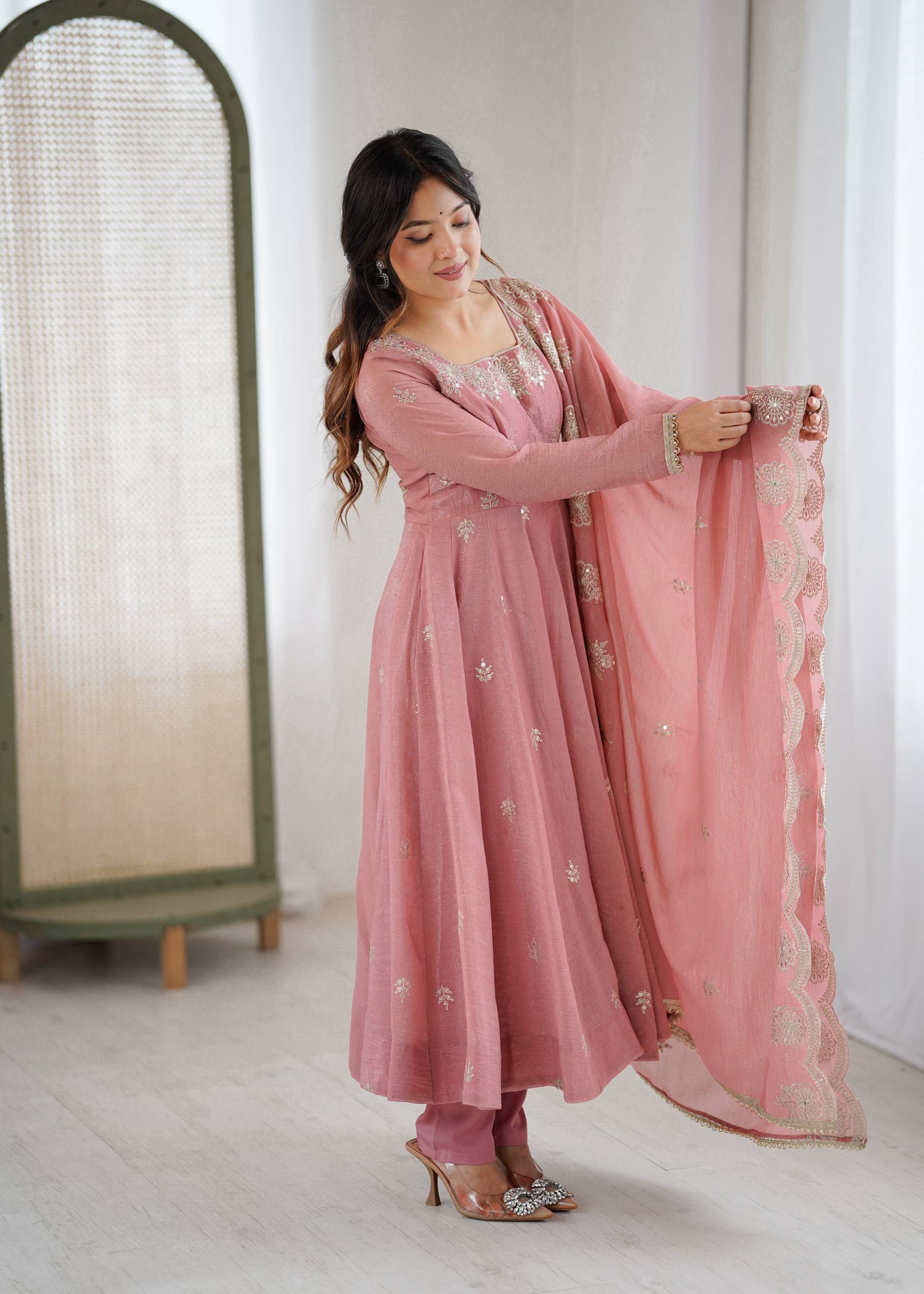 Crunchy Silk Embroidered Sequins Anarkali Set – 3 Piece |D.No- 1315