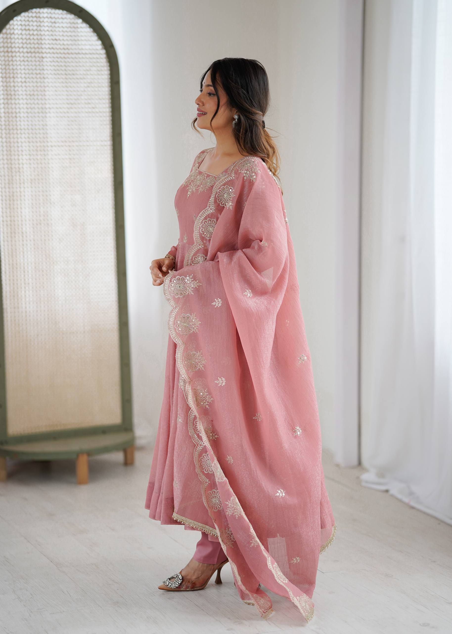 Crunchy Silk Embroidered Sequins Anarkali Set – 3 Piece |D.No- 1315