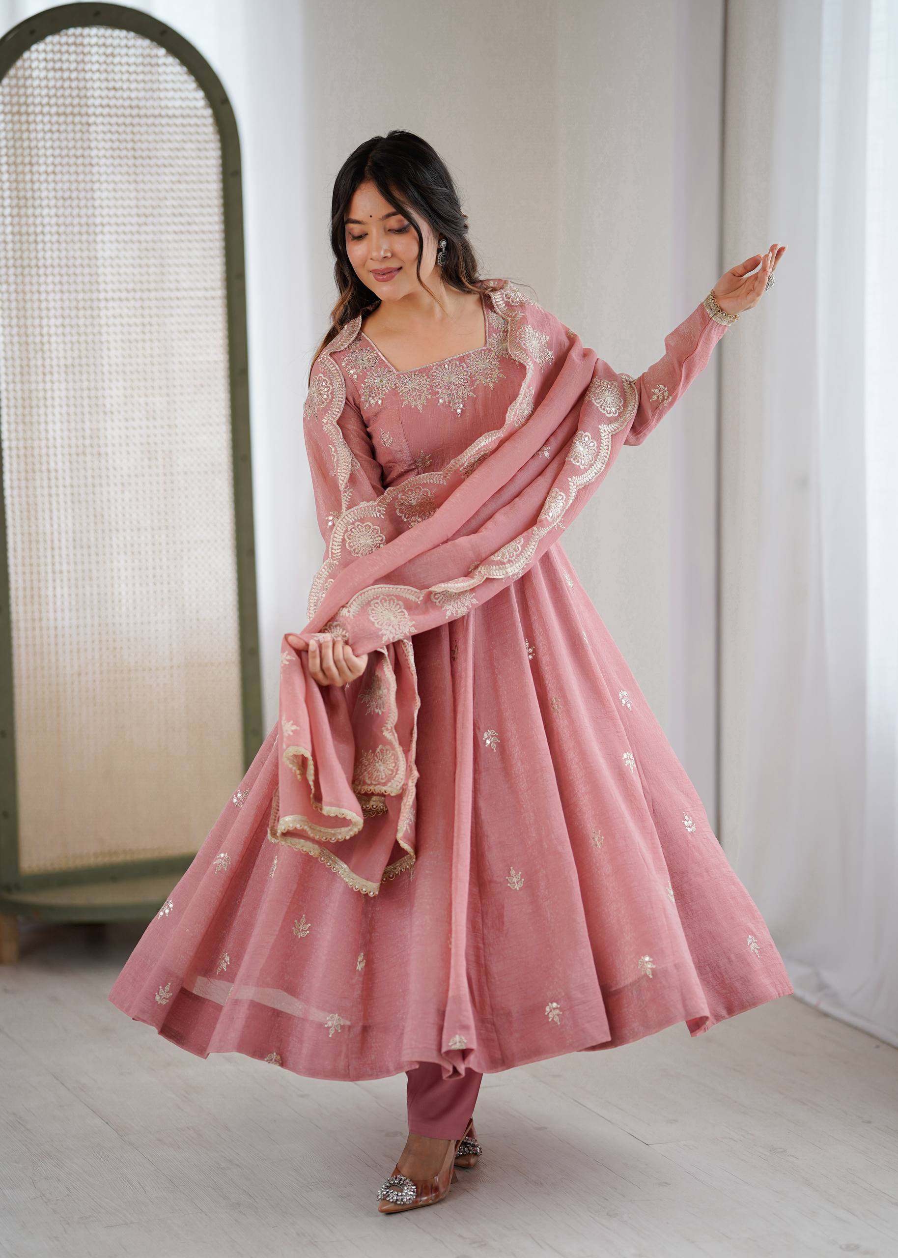 Crunchy Silk Embroidered Sequins Anarkali Set – 3 Piece |D.No- 1315