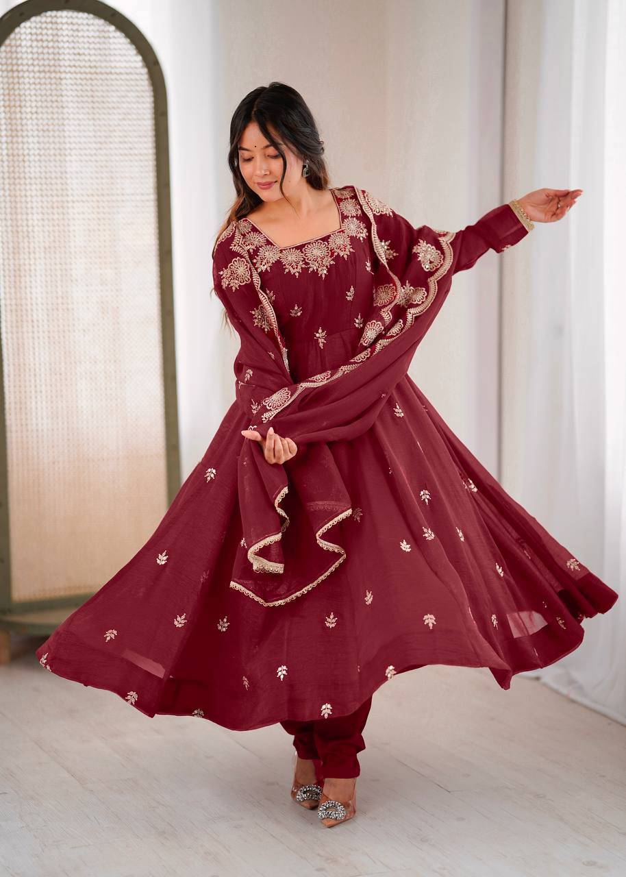 Crunchy Silk Embroidered Sequins Anarkali Set – 3 Piece |D.No- 1315