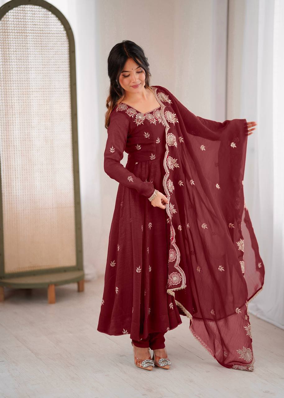 Crunchy Silk Embroidered Sequins Anarkali Set – 3 Piece |D.No- 1315