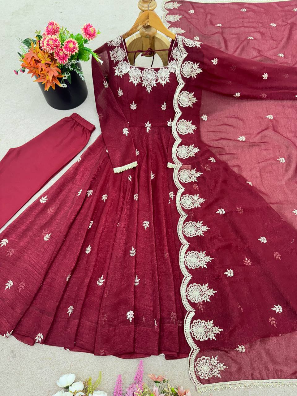 Crunchy Silk Embroidered Sequins Anarkali Set – 3 Piece |D.No- 1315