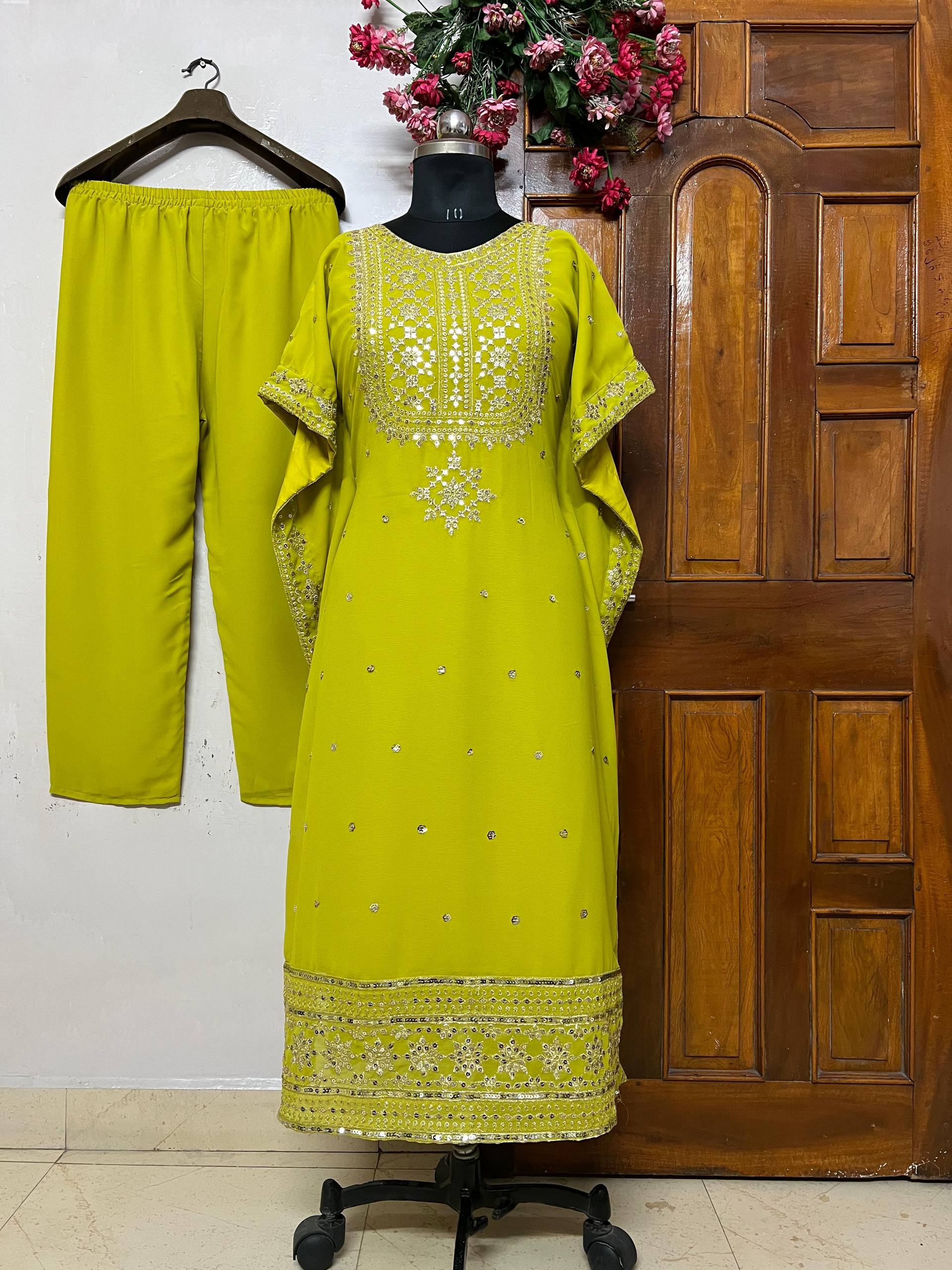 Designer Faux Georgette Embroidered Kaftan Kurti Pant Set | Party & Festive Wear| D.No- 1315.95