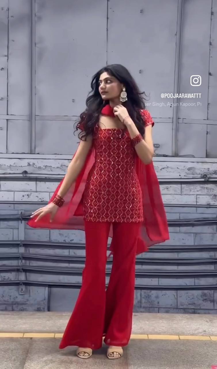 Pure Fox Georgette Embroidered Top & Palazzo Set with Dupatta – DNo. 1102