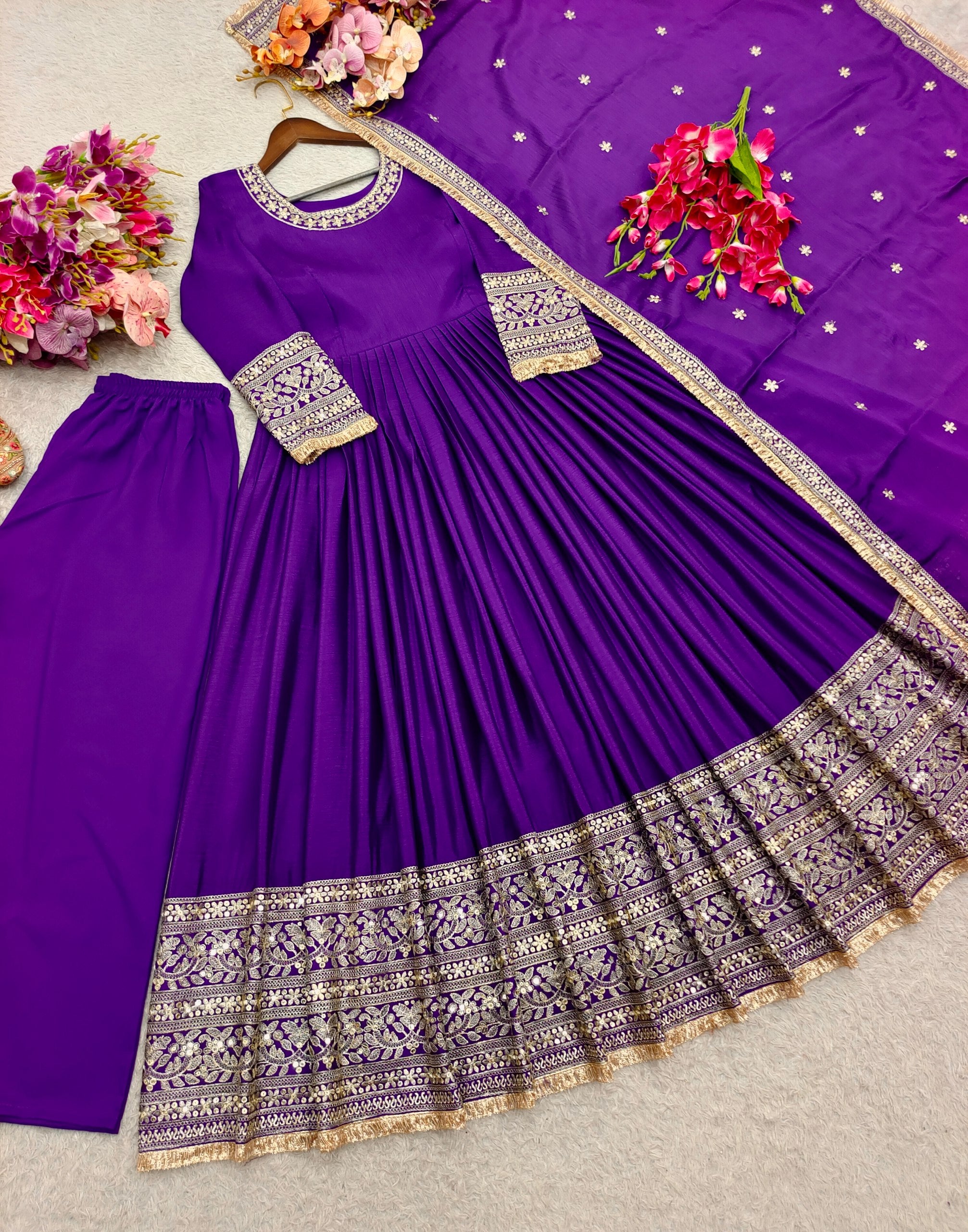 Pure Chinon Silk Embroidered Gown Set I DNo.1469