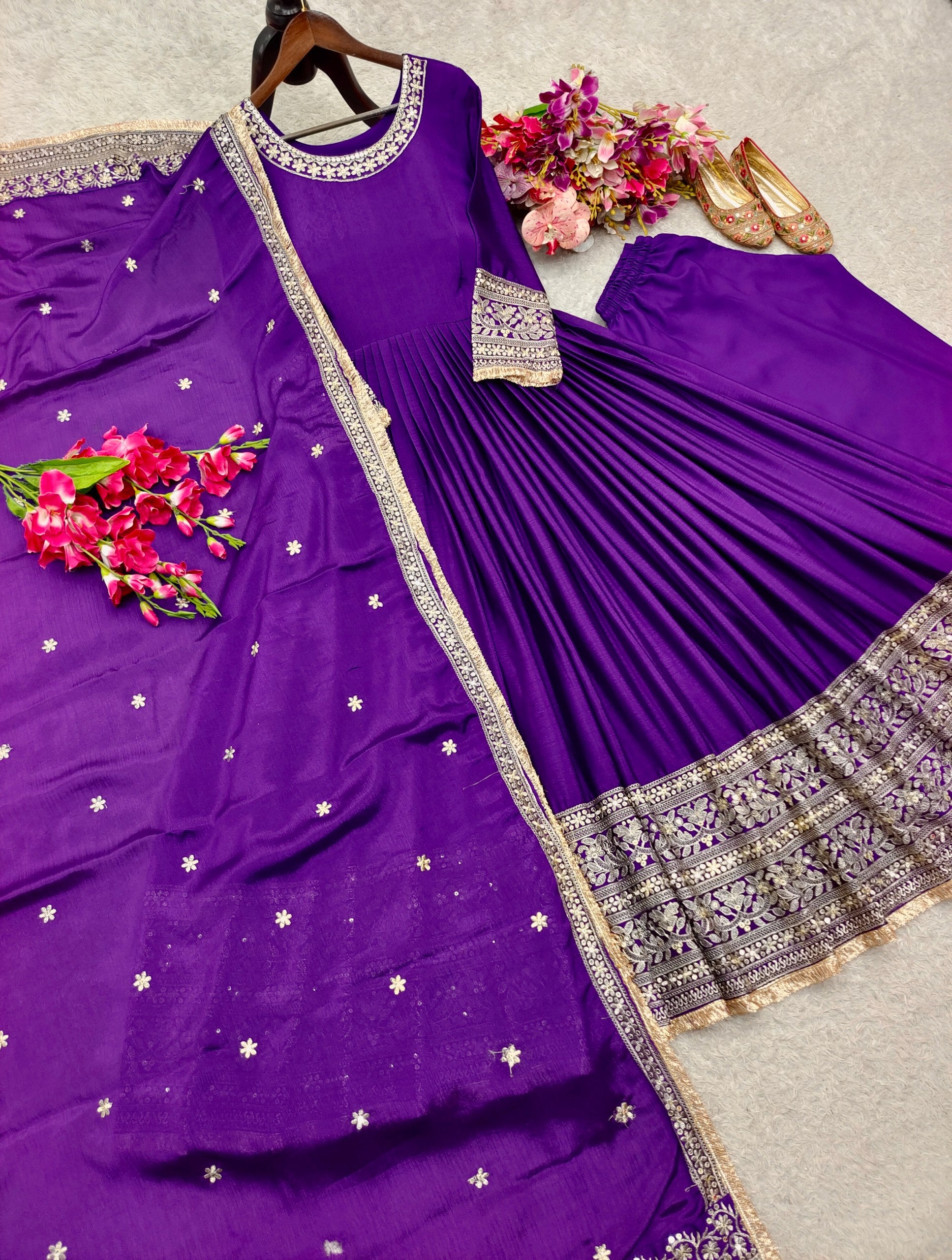 Pure Chinon Silk Embroidered Gown Set I DNo.1469