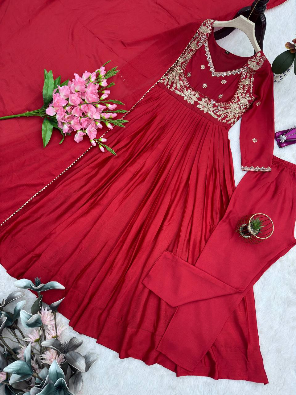 Women’s Heavy Chinon Silk Gown Set with Pant & Dupatta | D.No.- 1153