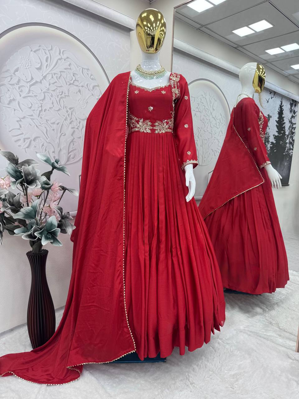 Women’s Heavy Chinon Silk Gown Set with Pant & Dupatta | D.No.- 1153